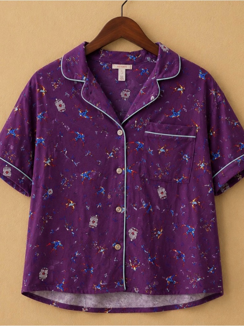 Anthropologie Floreat Purple Bird Print Pajama Style Button Up Top size S Tags